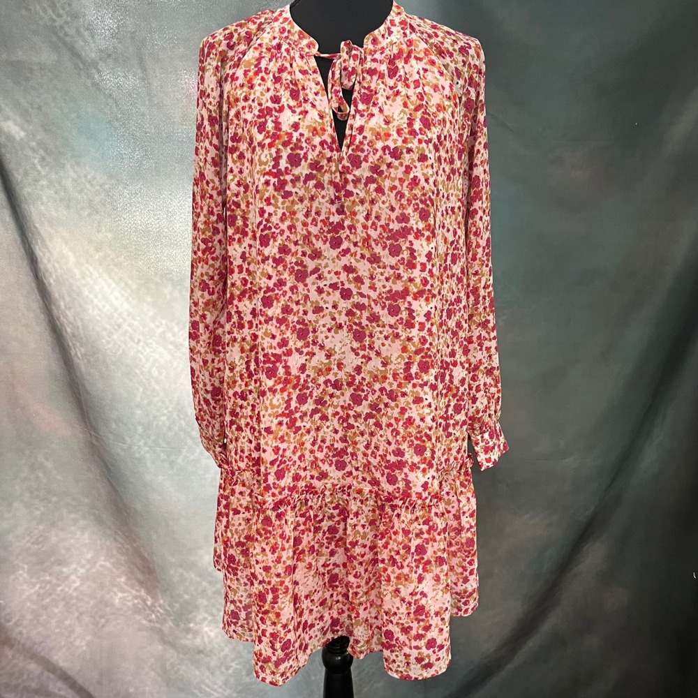 J.Crew Pink Floral Tie Neck Ruffle Hem Shift Dress Womens‎ Size S NEW